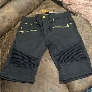 Black Biker Style Shorts with Gold Accents